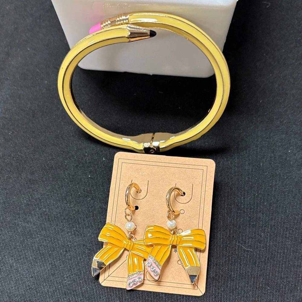 Yellow Bow Pencil Earrings and Pencil Bracelet Set - Picture 1 of 5